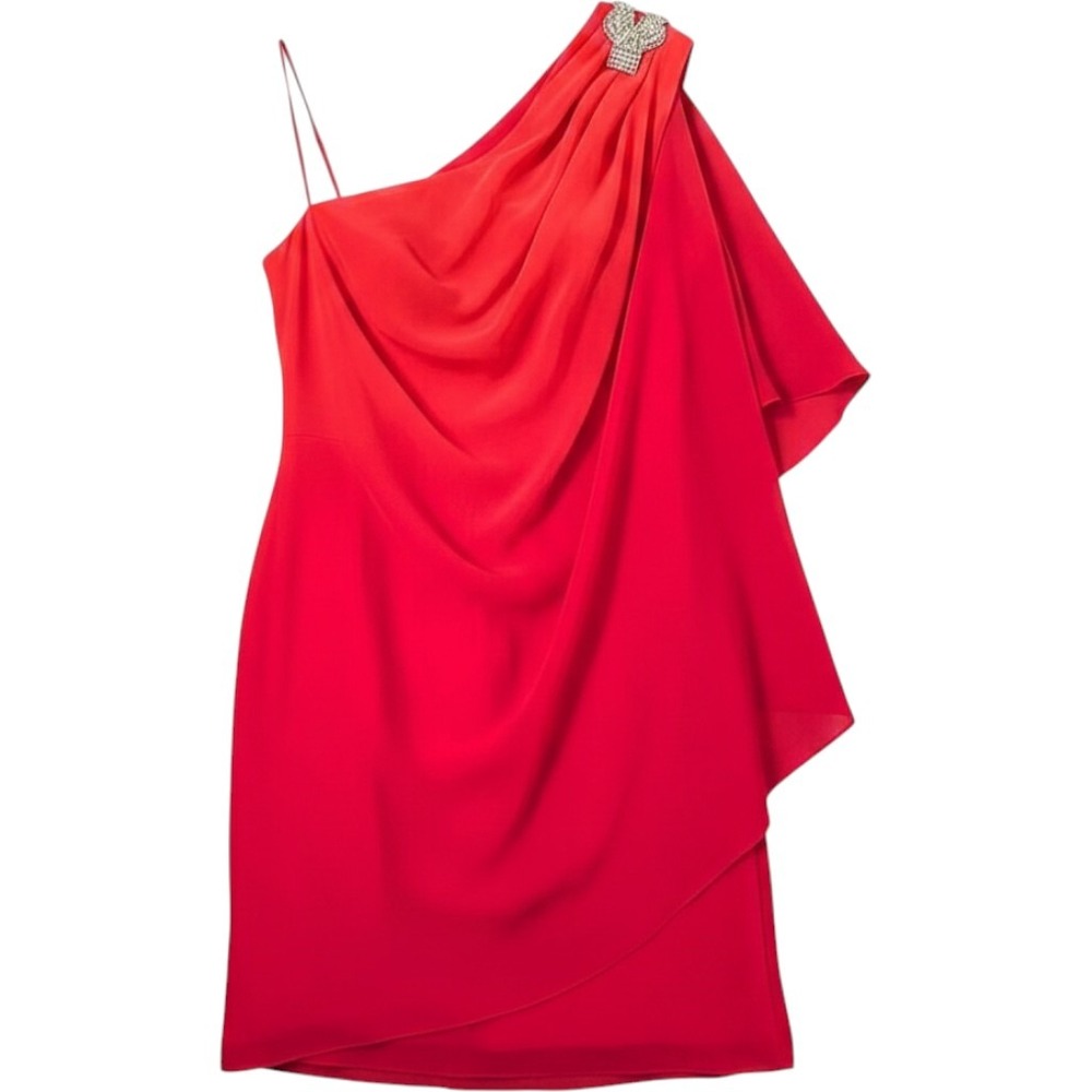 Cache One Shoulder Dress 6 Red Rhinestone Brooch Chiffon Cocktail Glam